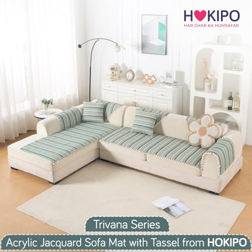 Image of HOKIPO L Shape (2+2 Seater) Sofa Cover Seat Mat | 300 GSM Cotton Acrylic Jacquard Fabric with Tassel, 'Trivana Series' Olive Green (IN-934+935-J1)
