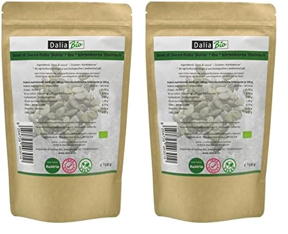 Dalia - Steirische Kürbiskerne BIO 500 g | roh und unbehandelt | Hochwertige Kerne aus der Steiermark | Glutenfrei | 100% Bio-Qualität (Packung mit 2)