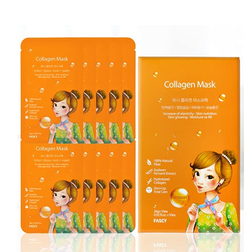 FASCY Collagen Face Mask Pack â€” Collagen Mask for Face, Hydrolyzed Collagen + Hyaluronic Acid, Rejuvenating Collagen Mask, Anti Aging Mask, Korean Face Mask Set, (10pcs/ 1 pack), [26g X 10]â€¦ (Tencel sheet)