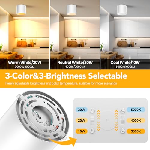 Image of 3-Color&Watt Zoomable Ceiling Spotlight Fixtures, Flush Mount Ceiling Light Fixture Dimmable LED Spot Lights Indoor, 4.72 inch Cylinder Light for Hallway Kitchen Entryway Foyer, 30W White