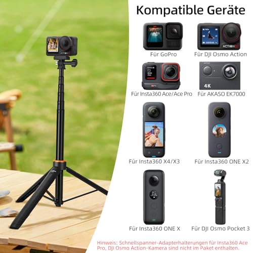 135cm Selfie Stick Stativ für DJI Osmo Pocket 4/3, GoPro Hero 13/12/11/10/9/Max2, DJI Action 6/5 Pro/4, AKASO EK7000 - Action Cam 2-in-1 Reisestativ/Halterung/Hand Grip/Zubehör 4