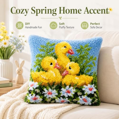 Image of clubevy DIY Latch Hook Kits Pillow Case Embroidery Carpet Set Needlework Pillow Cover Sofa Cushion Cover Craft Kits 17x17 inch (4159ducks)