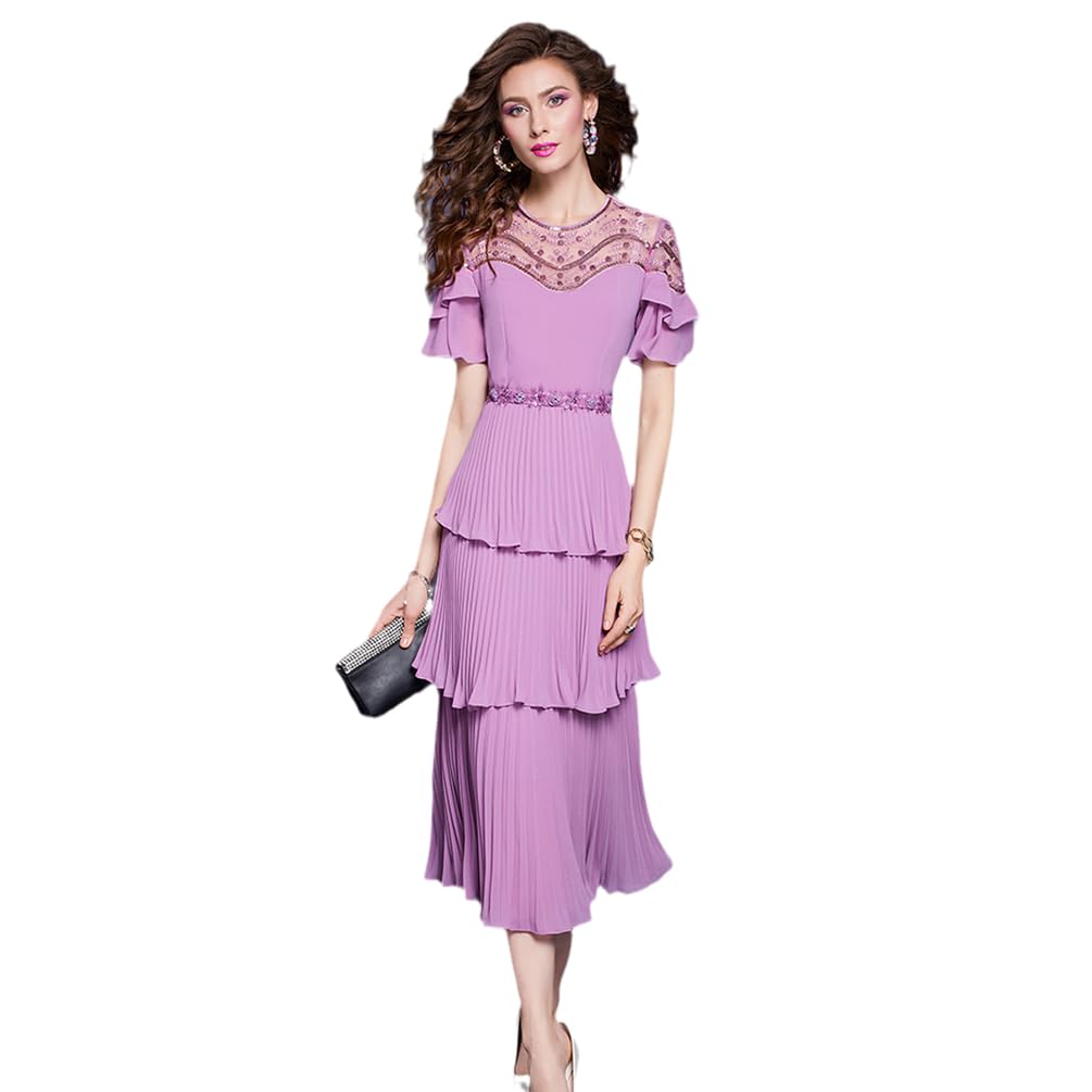 Elegant Ruffles Tiered Pleated Purple Dresses Party Women Summer Mesh Patchwork Beading Midi Holiday Dresses