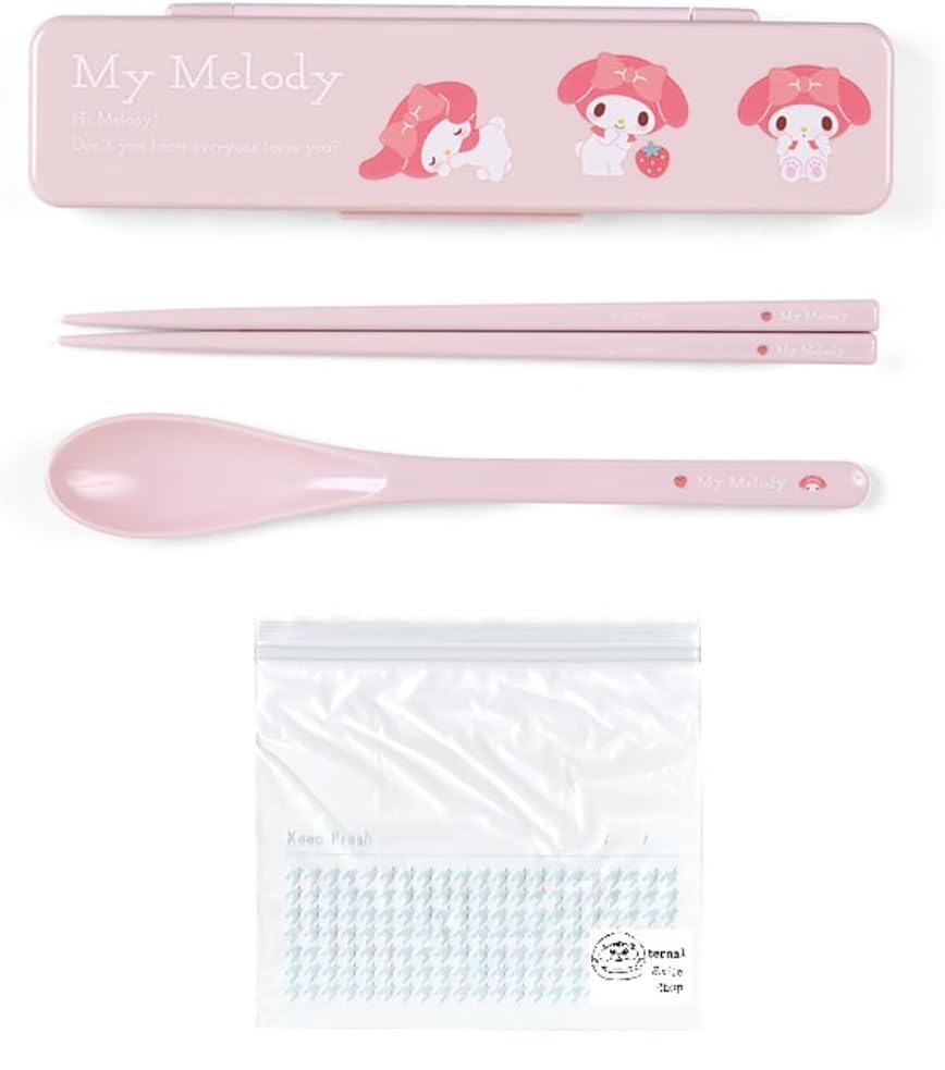 Sanrio Combination Set, Chopsticks, Spoon, Bento Box, Case, Made in Japan, 7.1 inches (18 cm), Dishwasher Safe, Antibacterial, Sanrio My Melody My Melody Set (Combi Set, Freezer Bag)