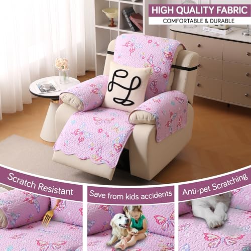 Image of HOKIPO 'FloraWave Series' Recliner Sofa Slipcover Mat for 1 Seater | 1-Piece Design & Dual Belt Protection to Avoid Slipping of Cover, Blush Pink Butterfly (AR-6264-D4)