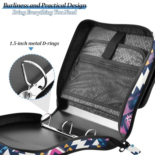 Image of 3 Ring Zipper Binder with Shoulder Strap Purple Ethic Aztec Geometric 1.5 inch Binders Keeper Large Capacity Multi Pockets for School Office Supplies