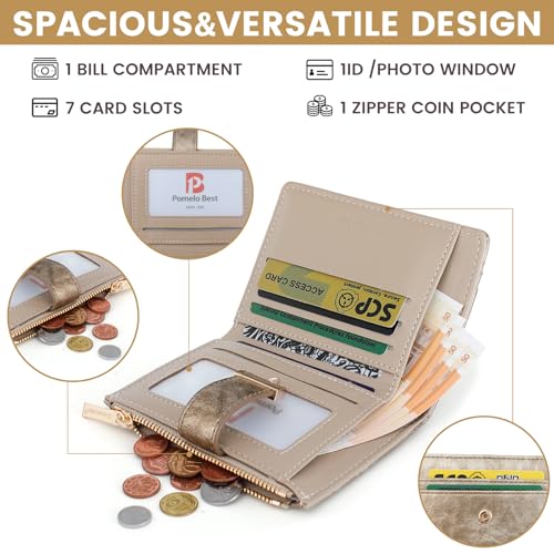 Image of Pomelo Best Wallet Women Bifold Leather Wallets for Women Credit Card Holder with ID Window Zipper Coin Pocket Golden