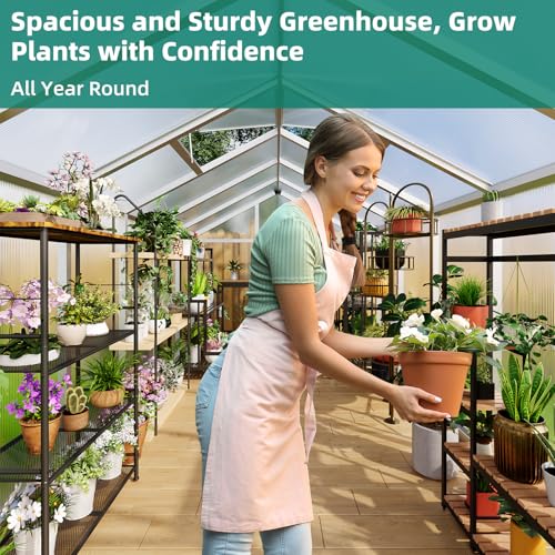 Garvee 8x12 FT Greenhouse - Aluminum Greenhouses for Outdoors, Large Polycarbonate Greenhouse with Roof Vent, Heavy Duty Walk-in Green Houses for Outside Garden, Backyard, Patio, Lawn, Easy Assembly
