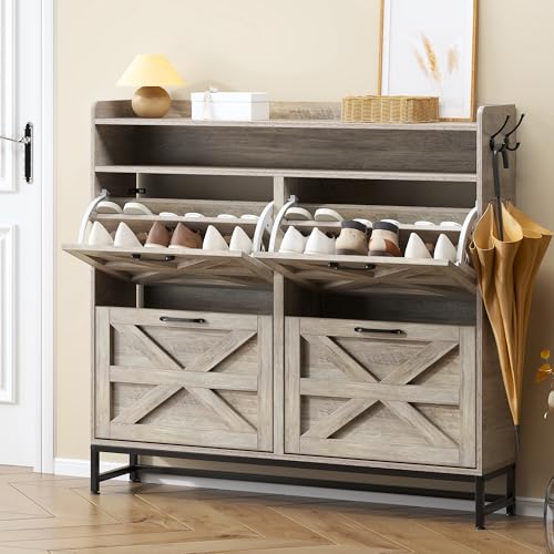Tassullo Farmhouse Shoe Cabinet with 4 Flip Drawers, Hidden Shoe Organizer with Open Storage Top & Anti Tipping Design, Narrow Freestanding Rack for Entryway, Hallway, Apartment