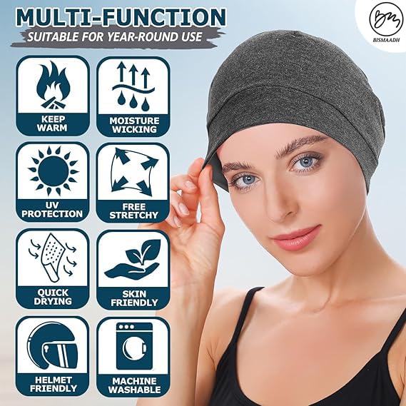 BISMAADH Cotton Skull Caps For Men Women,2-Pack Lightweight Beanie Sleep Hats Breathable Helmet Liner Black, Dark Grey, Free Size 1