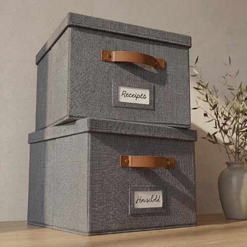 ZICOTO Decorative File Organizer Box Set of 2 - Collapsible Linen Filing Cabinets w/Handles Are Perfect to Store all Your Documents & Hanging File Folders - Portable Easy Slide Crates with Lid