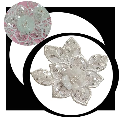 Image of White Flower Applique Patch Embroidered - Pearl Stone & Zardosi Sequins Work on Fabric, 3.5.x3.5 Inch, Pack of 4 - Perfect for Sarees, Dresses, Dupattas & Crafts
