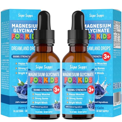 Kids Magnesium Glycinate 30ml - Blueberry Flavour | Supa Supps Liquid Magnesium Glycinate 3-in-1 Drops Support Relaxation, Calm, Balanced Energy, Focus & Growth | Easy Daily Supplement 2 Months Supply