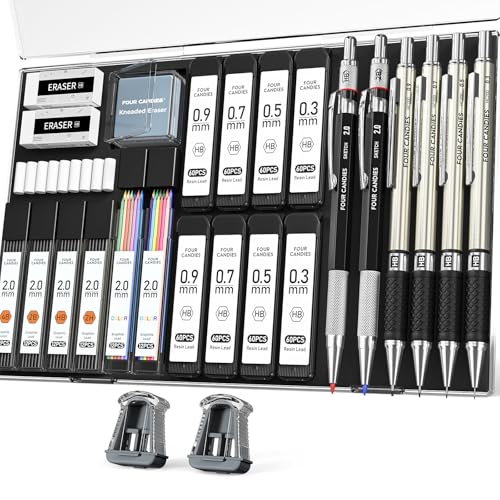 Four Candies 27PCS Mechanical Pencil Set with Case, Art supplies with Metal Pencil 0.3, 0.5, 0.7, 0.9 mm & 2PCS 2mm (HB 2H 2B 4B Color) with 552 Lead Refills, Technical Drawing Kit for Teen & Adults