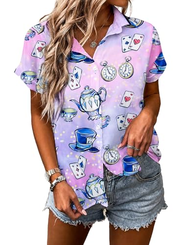 Princess Magical Shirt for Women Mad Tea Party Shirts Magic Hawaiian T-Shirt Fairy Tale Vacation Button up Tops Purple