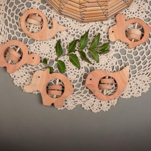 Image of Natural Neem Wood Baby Teether - Handmade Animal Shape Wooden Toy - Non-Toxic, Organic Chew Aid for Teething for 3-12 months and new born to play - Biodegradable, Eco-Friendly Gift for Infants & Toddlers (5, Neem Wood Baby Teether Set of 5)