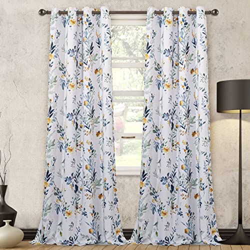 Image of MYSKY HOME Floral Curtains 90 inch Long Living Room Curtains Room Darkening Curtains Thermal Insulated Light Blocking Drapes Grommet for Bedroom Bathroom, 2 Panels, Yellow and Blue