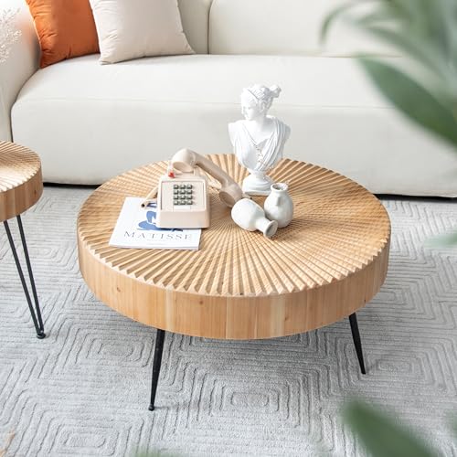 Zouron Lot de 1 Table Basse Ronde en pin,avec Pieds en Fer,Salon Table de canapé en placage de Sapin,(L60*P60*H42) cm,Brun Clair