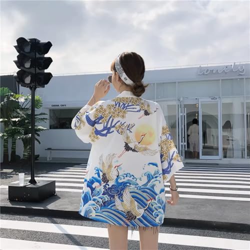 GK-O Ukiyo-e Crane Kimono Cardigan for Women & Men – Japanese Haori Jacket with Wave Print Lightweight Summer Yukata Coat (White) - Thumbnail 2