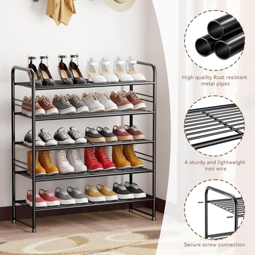 Image of Standard Shoe Rack 5-Tier 32.5 Inches Wide, Free Standing Shoe Organizer for Indoor Outdoor | Adjustable Heavy-Duty Metal Shelf Ideal for Home Entryway Closet & Garage Balcony | Black