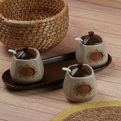 Image of SASASA Ceramic Condiments Container set of 3 with Tray & Spoon | Spice Jars for Kitchen, Sugar Bowl, Pickle Pot & Seasoning Storage Organizer | Condiment Jar Set for Home & Dining, Brown (11181)