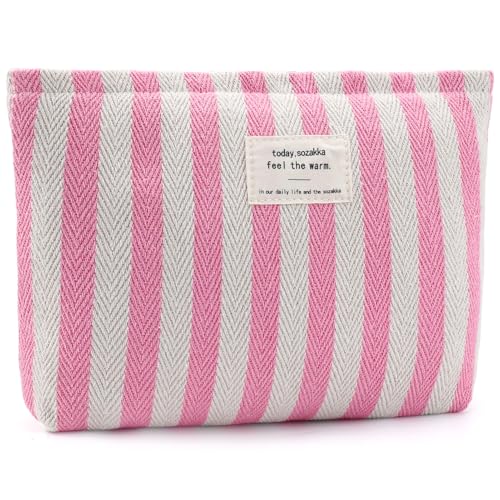 ZLFSRQ Striped Makeup Bag Large Canvas Travel Makeup Bag for Women Cosmetic Pouch Cute Pink Striped Make Up Pouch for Purse Y2k Aesthetic Trendy Zippered Toiletry Bags Gift Skincare Storage Organizer