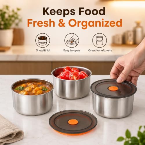 Image of KOMUEE ELEGAR Round Stainless Steel Food Container 50ML | Airtight Silicone Cover | Leak-Resistant Reusable Storage Bowl for Kitchen, Refrigerator, Snacks & Leftover Food (2 pcs food box)
