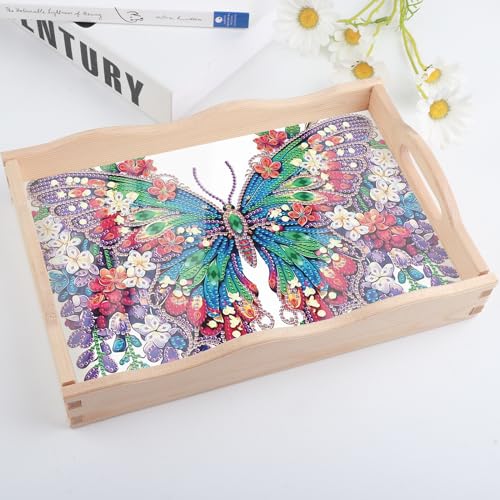 Image of DIY Diamond Art Tray with Handle Diamond Art Painting Plate Creative Design Handmade Wooden Tray Mosaic Making Kits by Number Kits Diamond Art for Coffee Living Room Home Organizer (Butterfly)