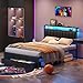 Furnulem Queen Bed Frame with Charging Station and LED Lights, Grey Upholstered Headboard with Shelves, Metal Platform Bed with 2 Under-Bed Storage (Fabric Drawer on Wheels), No Box Spring Needed