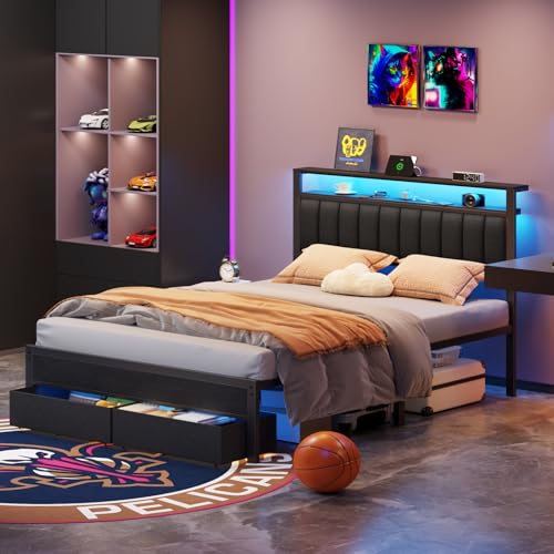 Image of Furnulem Queen Bed Frame with Charging Station and LED Lights, Grey Upholstered Headboard with Shelves, Metal Platform Bed with 2 Under-Bed Storage (Fabric Drawer on Wheels), No Box Spring Needed