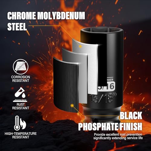 Image of 1 /2 Inch Drive 15 /16 Inch Deep SAE Impact Socket,CR-MO,6 Point Radius Corner Design,Square Chamfered Opening,Axle Nut Impact Grade Socket for Easy Removal