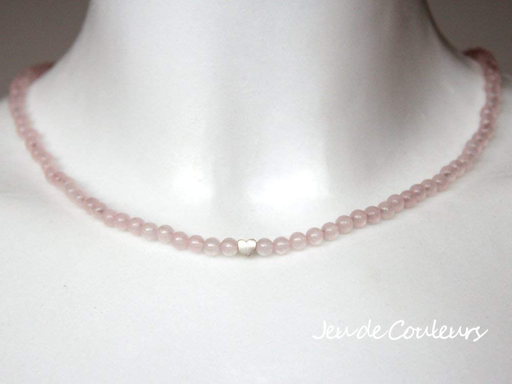 kurze Rosenquarz-Kugel-Halskette in Rosa mit kleinem Echtsilber-Herz, leichter Edelsteinschmuck, auch als romantischer Brautschmuck #238 Delara