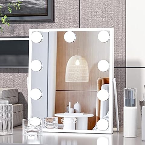 CASSILANDO Hollywood Vanity Mirror with Lights, Vanity Makeup Mirror with 9 LED Bulbs, 3 Color Lighting Modes, U-Shaped Bracket, Smart Touch Control Cover