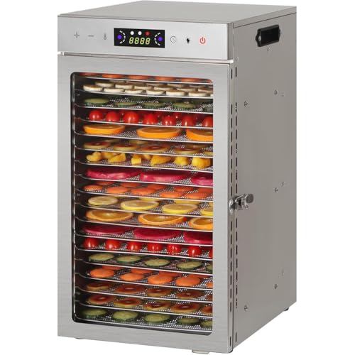 Stainless Steel Food Dehydrator 18 Tray Fruit Dryer Machine Rear-Mounted Fan 24 Hours Timer 30~90 Temperature Setting for Healthy Snacks Banana Chips Dried Meats Pet Treats
