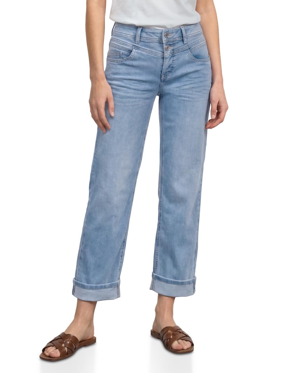 Street One Women's Straight Leg Jeans in Casual Fit with Turn-Up 3818412, Light Blue Random Washed, 34W x 28L