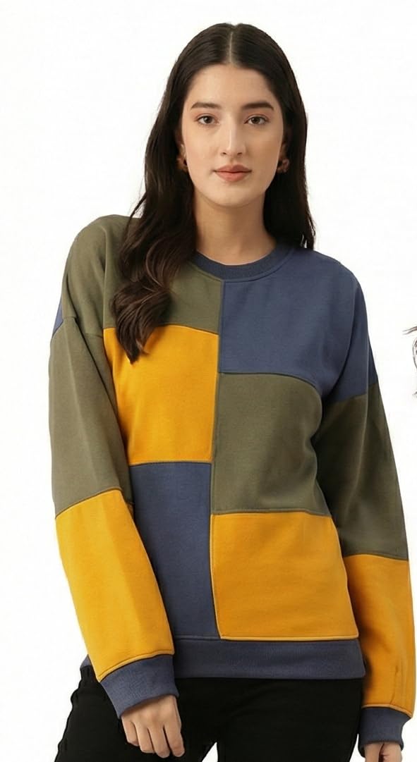 Women's Color Block Sweatshirt, Blue Yellow Olive Green, Long Sleeve Crew Neck-picture-18