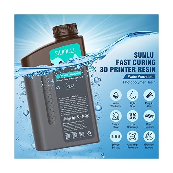 SUNLU Résine pour Imprimante 3D Lavable à l'eau, 405nm UV Résine Photopolymère 3D à Durcissement Rapide pour Résine Imprimante 3D 2K 4K 8K LCD DLP SLA – Image 3