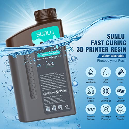 SUNLU Lavabile Acqua Resina Stampante 3D, 1kg 405nm UV Polimerizzazione Rapida Resina 3D per 2K 4K 8K LCD DLP SLA Resina Stampanti 3D, Nessun Alcool Richiesto, Alta Precisione 3D Resina,Grigio Scuro