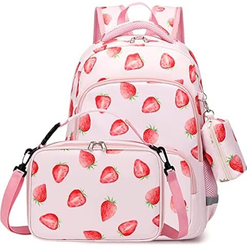 mygreen Kids Cute Fruit Pattern Printed kids School bag Bookbag Backpack Set With Insulated Lunch Bag And Coin Pouch for Girls, Pink Strawberry Cover