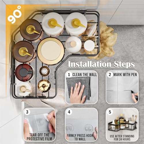 Image of JD FRESH Multipurpose Bathroom Organizer Shelf Rack Corner Without Drill /Self Adhesive Accessories Holder for Kitchen /Wall Mounted Organizer for Bathroom Space Saving Shelf Corner (Black, Pack of 4)