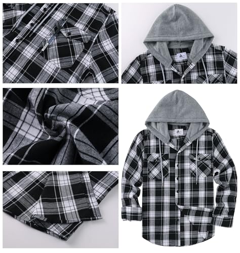 GEEK LIGHTING Men's Plaid Shirt Checked Shirts Mens Flannel Shirt Button Down Long Sleeve with Drawstring Casual Double Chest Pockets Classic Shirt Jacket 2XL Black White - Image 4