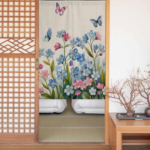Sauoromeon のれん カーテン 幅75x丈180cm 厚手 遮光 暖簾 ドアカーテン 仕切り 目隠し 通気性 和風 おしゃれ フラット リング対応 ひも付き 麻布柄 春 花 ちょう 水彩画 勝手口 玄関 キッチン リビング 春夏秋冬