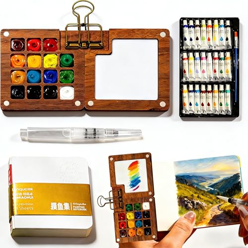 Image of Mini Watercolor Paint Set,24 color Paints, 15 Grids Portable Wooden Travel Palette, Sketchbook & Copper Clip, Metal Clip -For Beginners, Artists & Painting Enthusiasts