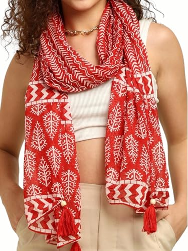 Image of KE KANHA EXPORTS Scarf for Women Premium Cotton Boho | Dual Tone Border Print Stole with Tassels | Lightweight Summer Beach Wrap 180 x 50 cm FREE Scrunchie Included