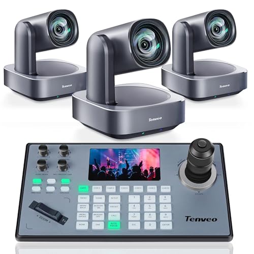 Tenveo PTZ Camera and Controller Bundle/Kits - 4K 12X AI Auto Tracking HDMI/USB3.0/LAN(PoE) NDI PTZ Camera(3PCS) and 5'' LCD Screen Joystick Controller for Church Service Events Live Streaming