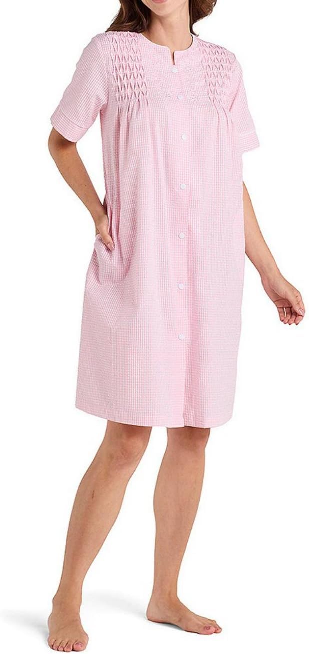 Miss Elaine Women's Short Seersucker Robe, Snap Front and Short Sleeves, Two Front Pockets, Sleepwear and Loungewear