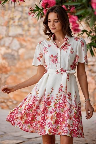 Image of Women Long Sleeve Spring Button Down A-Line Floral Print Summer Cocktail Shirt Dresses with Belt