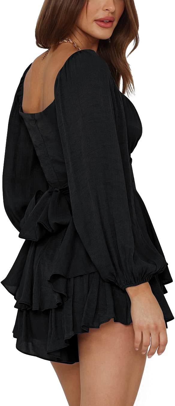LYANER Women's Jumpsuit Lantern Long Sleeve Ruffle Layer Tie Mini Short Romper - Image 3