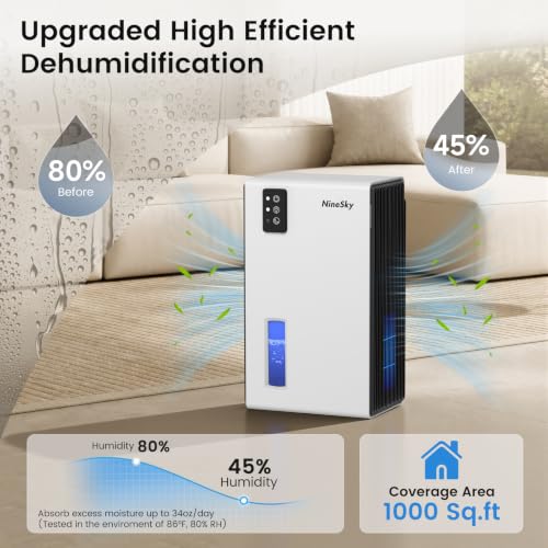 NineSky Dehumidifiers for Home, 1000 Sq.Ft Dehumidifier with 95oz Water Tank, Quiet Dehumidifier for Basement Bathroom Bedroom with 7-Color Ambient Light & Auto Shut Off, White - Image 3