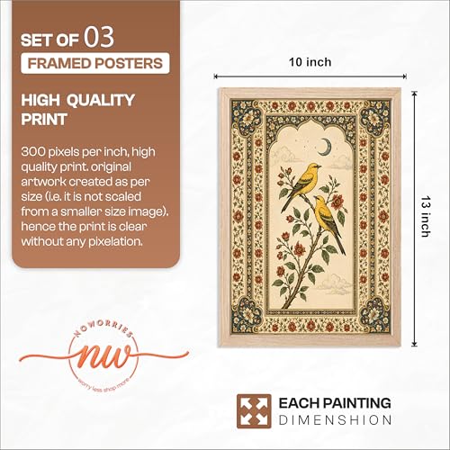 Image of NoWorries Bird Floral Wall Art Set of 3 Framed Prints | Indian Traditional Botanical Painting, Vintage Rajasthani Bird Poster, Royal Ethnic Wall Decor for Living Room Bedroom Home (Synthetic Engineered Wooden Frame) (MIN -4, 10x13 inches)
